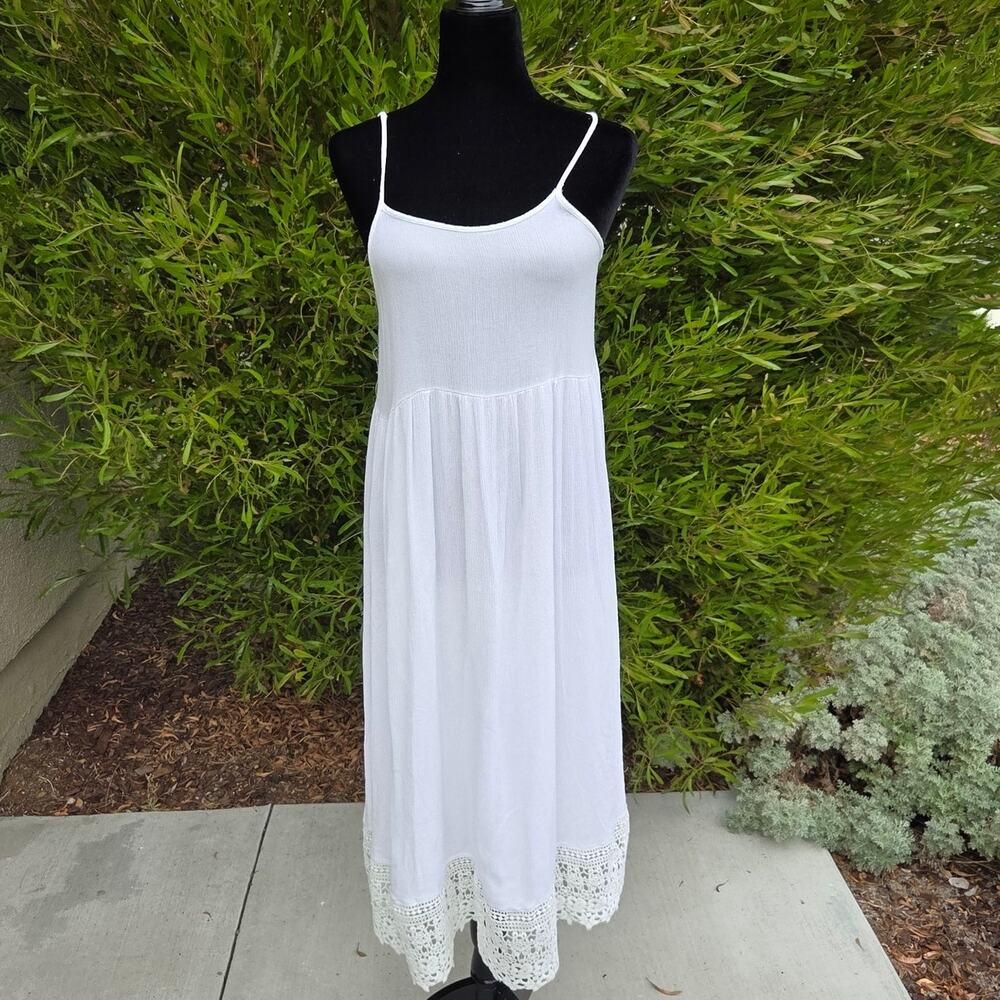 Cecico White Spaghetti Strap Midi Slip Dress Crochet Lace Hem Cottagecore Size S